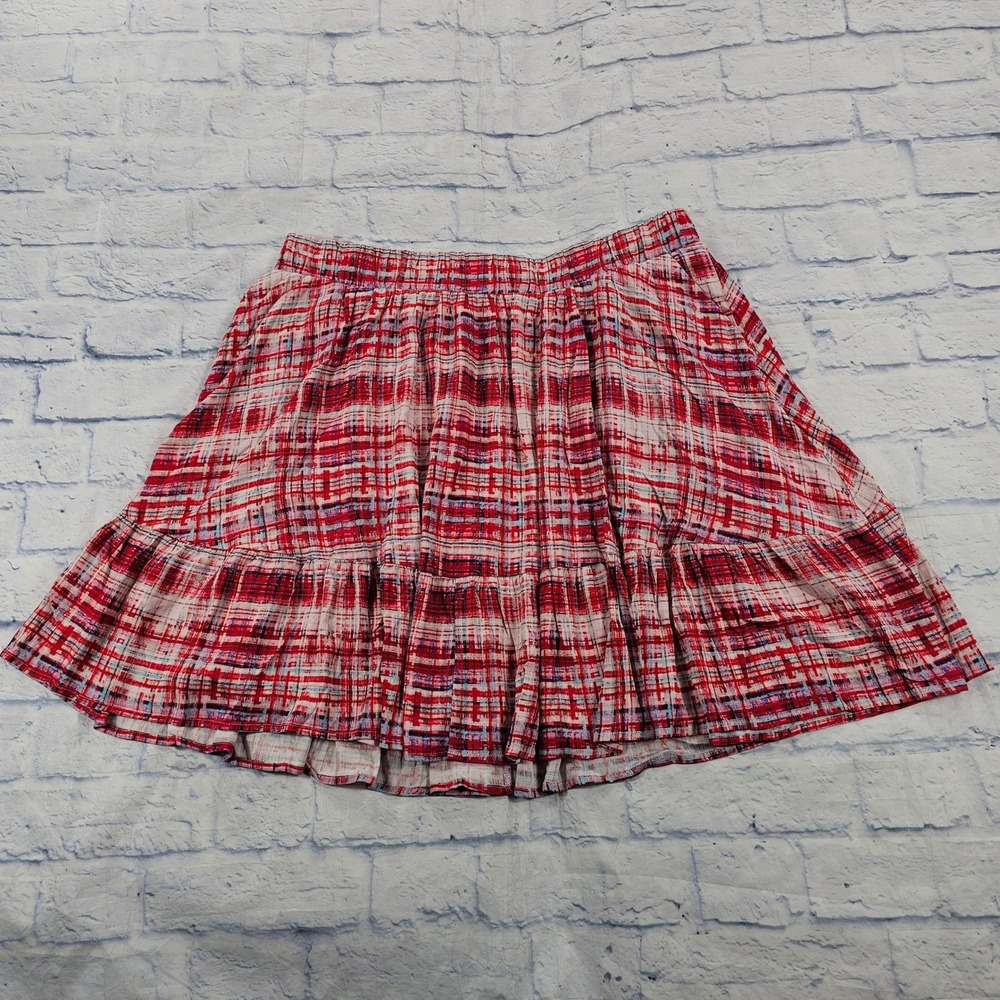 Torrid Tiered Mini Skirt Womens 2 Red Abstract Plaid Elastic Waist Ruffle Pocket